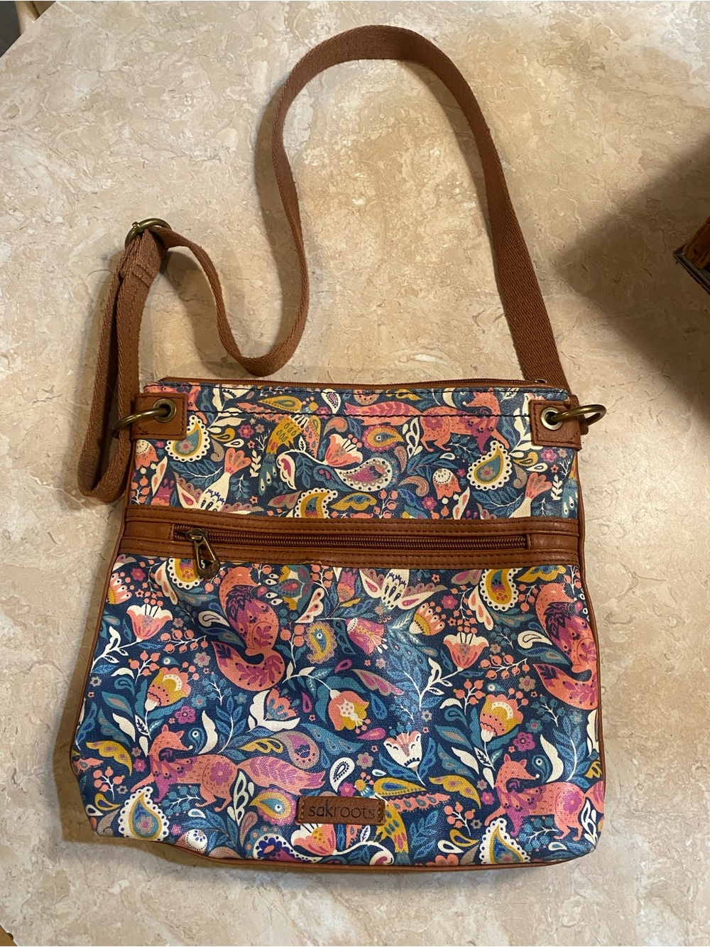 Sakroots Navy Multicolor Paisley Crossbody with Brown Trim